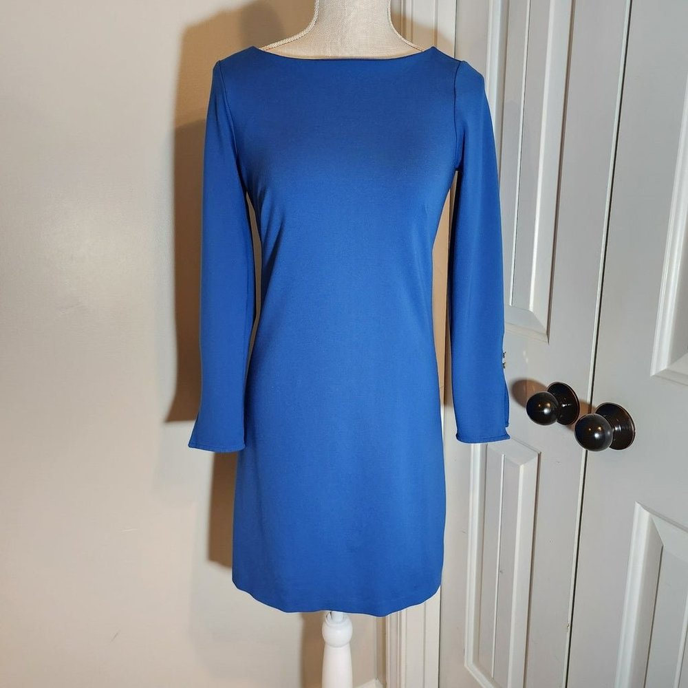 Ann Taylor Womens Dress Size 0 Button Cuff Ponte Shift Blue Business Wedding